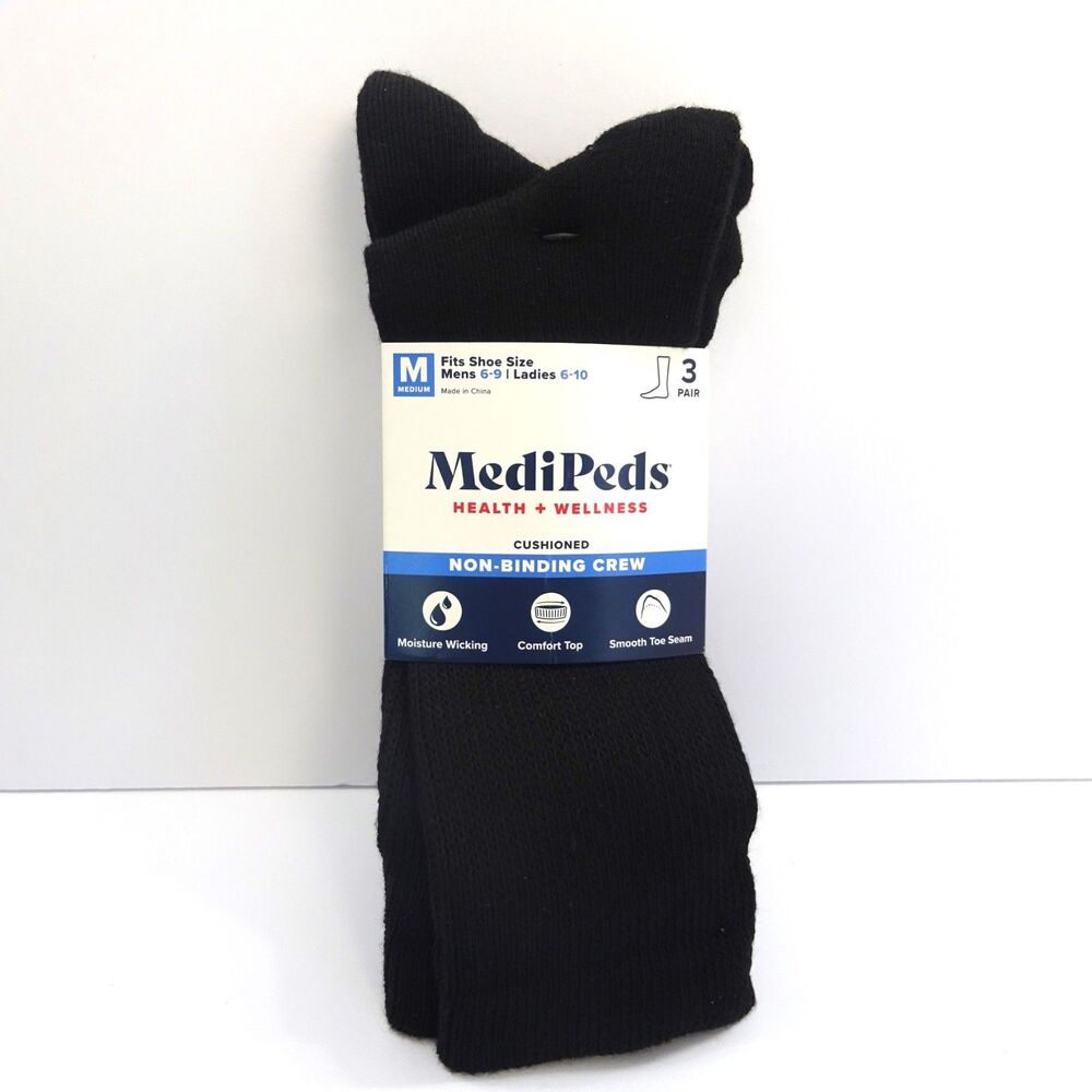 MediPeds Black Cushioned Non-Binding Crew Socks 3 Pair - Size M